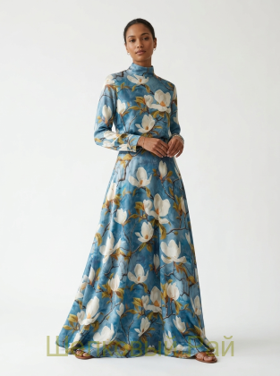 Плотный шелк стрейч "Цветы магнолии" 19 момми (д-1477)