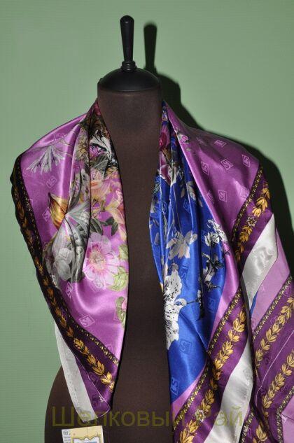 Платок шелковый атласный сиреневый (д-624)