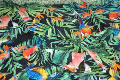 Шелк креп стрейч с попугаями купон (д-1176)