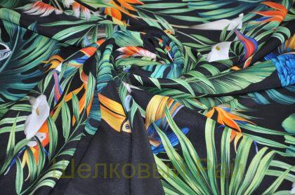 Шелк креп стрейч с попугаями купон (д-1176)