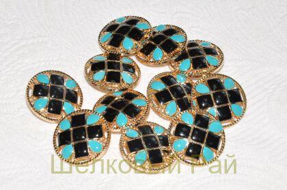 Пуговица круглая черная-бирюзовая (д-926)