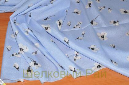 Шелк стрейч голубой в цветочек (д-904)