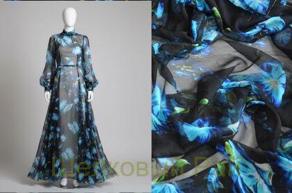 Шифон крэш 100% шелк голубые цветы "Dolce&Gabbana" (д-1465)