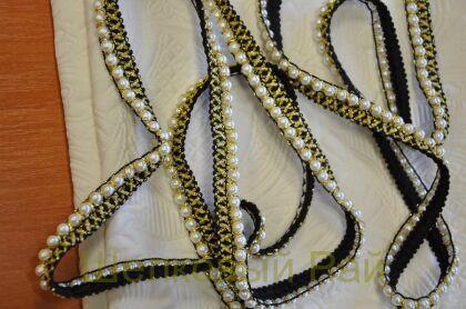 Тесьма с жемчугом золотисто-черная 1,4 см (д-1457)