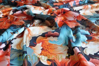 Плотный шелк стрейч "Крупные цветы" 19 момми (д-1474)