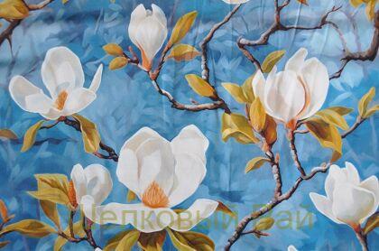 Плотный шелк стрейч "Цветы магнолии" 19 момми (д-1477)