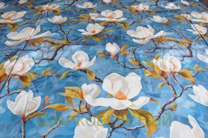 Плотный шелк стрейч "Цветы магнолии" 19 момми (д-1477)