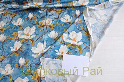 Плотный шелк стрейч "Цветы магнолии" 19 момми (д-1477)