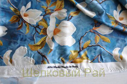 Плотный шелк стрейч "Цветы магнолии" 19 момми (д-1477)